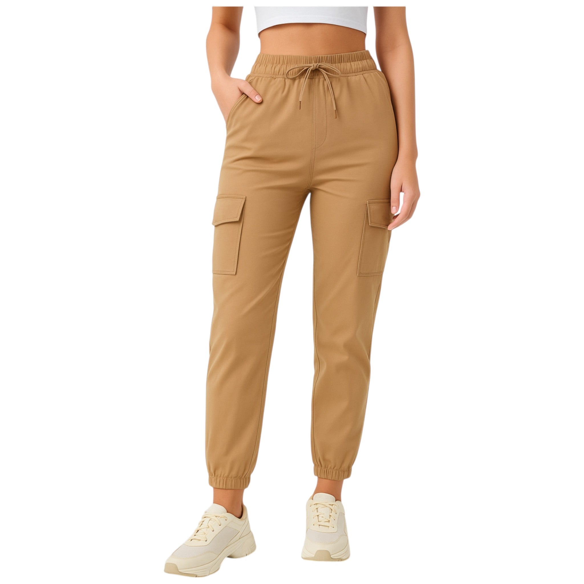 Ladies high quality stretch cargo trousers in stone beige with elastic waistband, drawstring tie, and side pockets